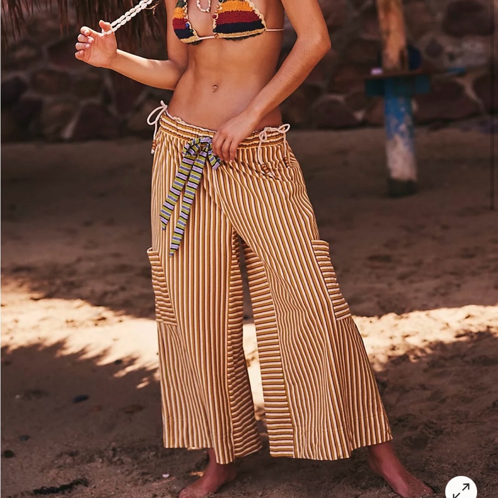 Free People Mustard Yellow Striped Wide Leg Pants